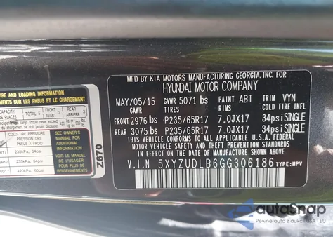 2016 Hyundai Santa Fe Sport 2.4L z USA, uszkodzony, nr VIN 5XYZUDLB6GG306186